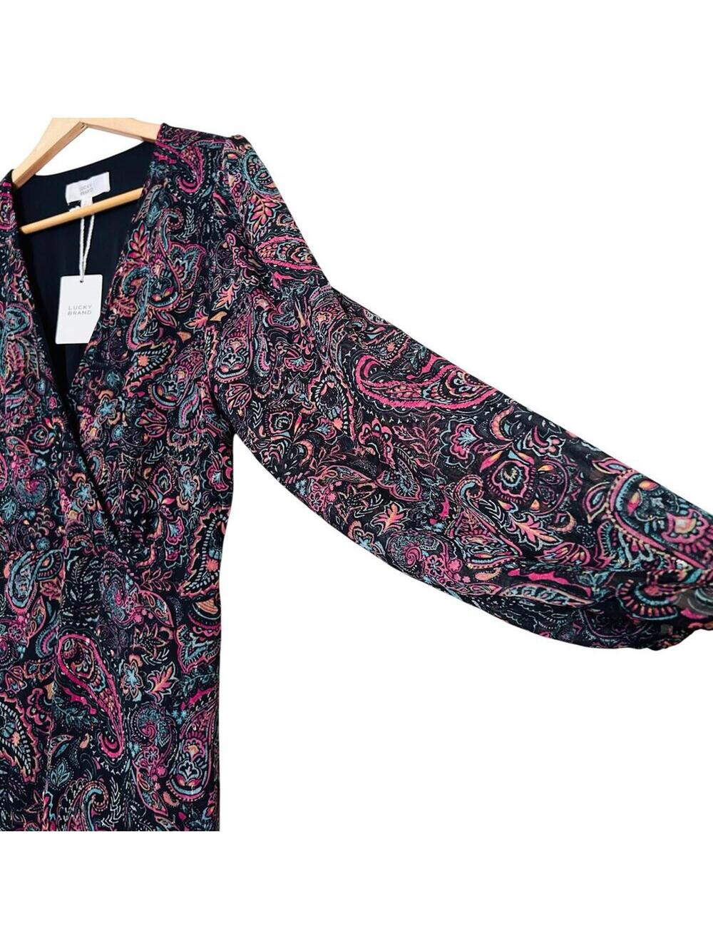 NWT Paisley Long Sleeve V‑Neck Boho Spring Dress L Black Pink Tea Midi Lined - Picture 1 of 7